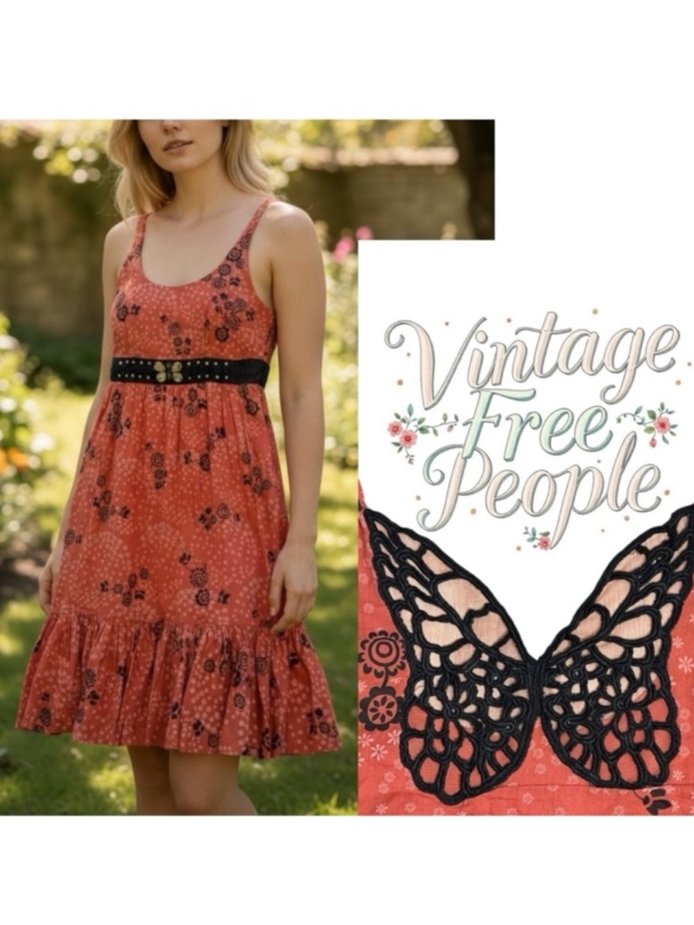 Vintage Free People Y2K Beaded Butterfly Midi Dress Orange Floral 90s Size 2